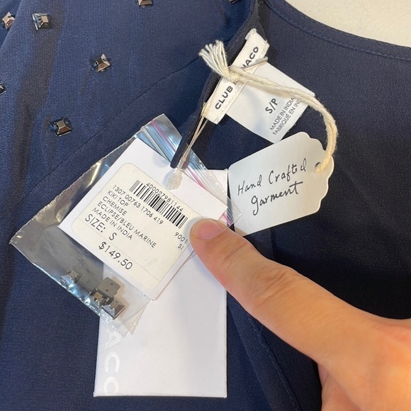 NWT. Club Monaco Small Kiki Silk Top With Hand Studded Chemise Eclipse Marine. - Picture 2 of 10
